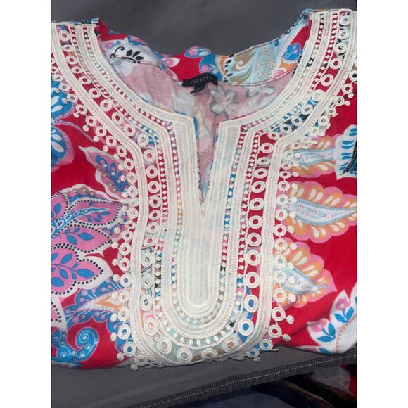 Talbots Red Paisley Tunic Top With Neckline Appliqué Details XL Boho Preppy - Picture 4 of 11
